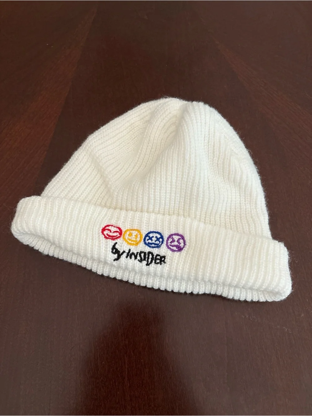 White Ribbed Beanie with Colorful Emoji Embroidery